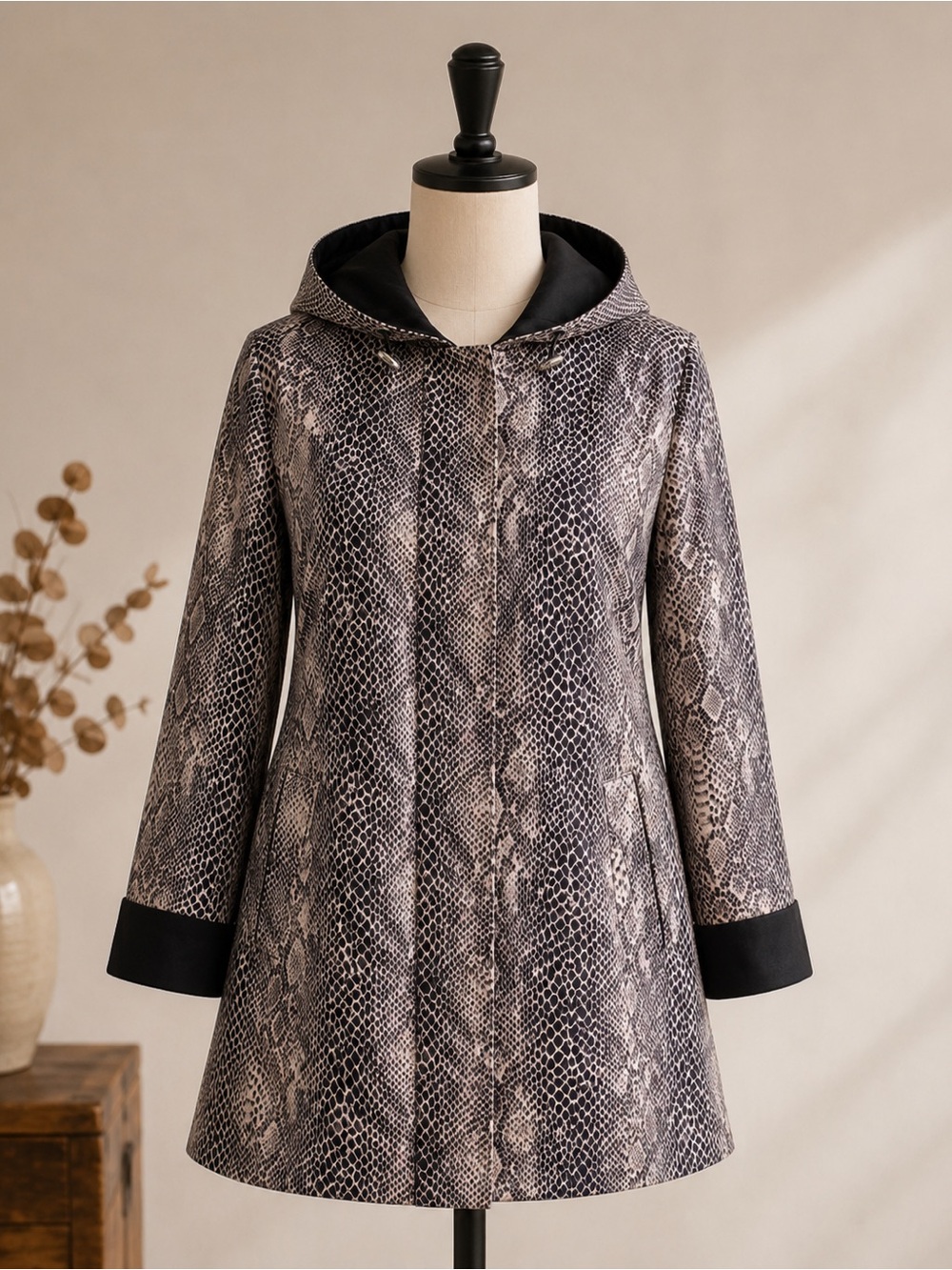 Larry Levine Snake-Print Hooded Trench Coat Black & Taupe Women’s Size Large